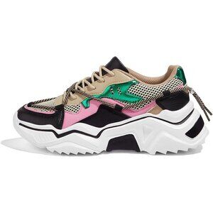 Brand New Women Black/Green PU+Mesh  Chunky Dad Sneakers TPE Sole Retro